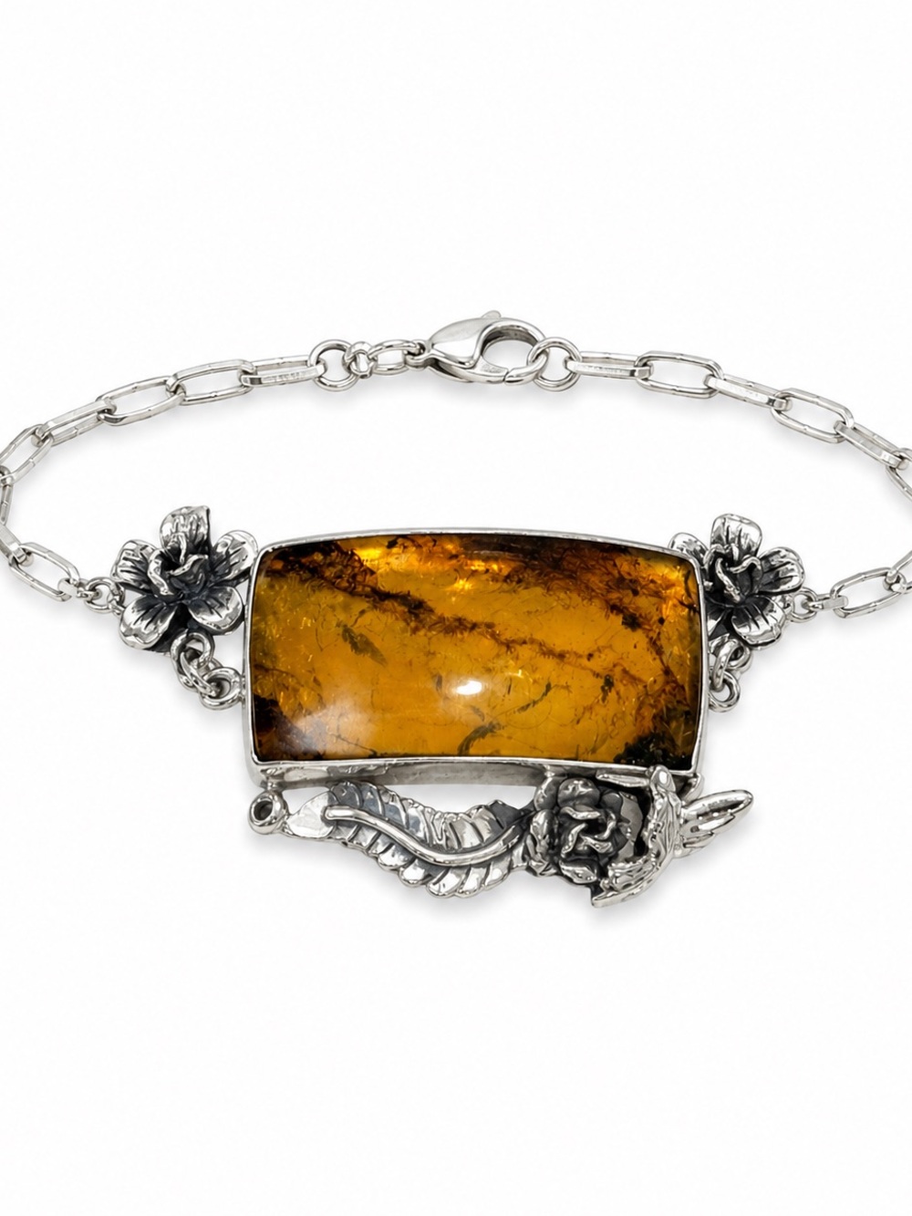 925 Sterling Silver Amber Floral Bracelet - Honey Amber